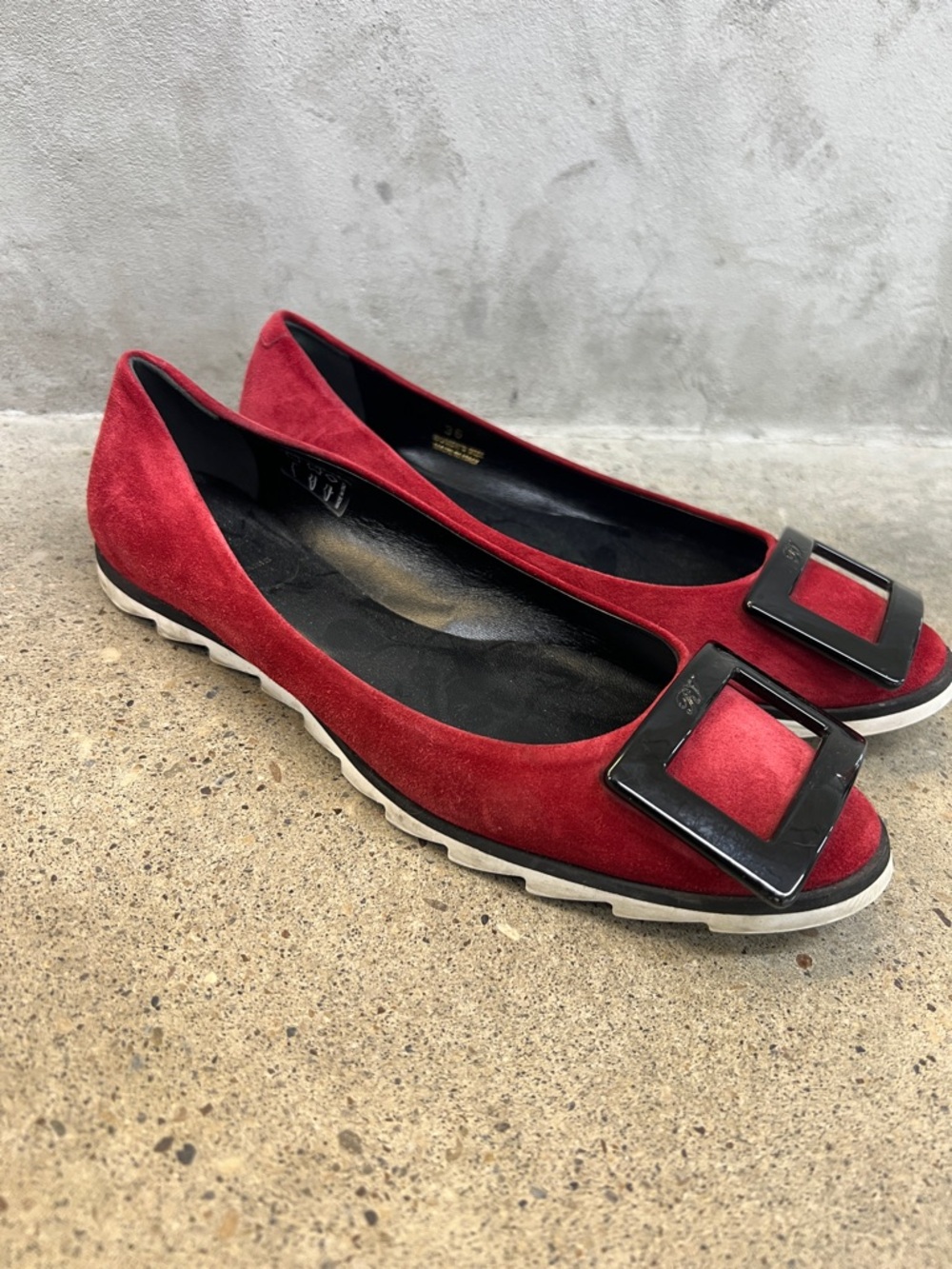 Roger Vivier Red Suede Ballet Flats with Black Buckle